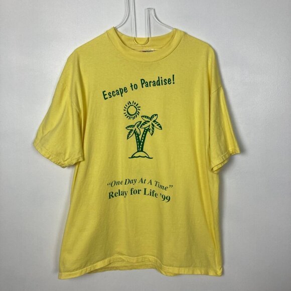 Vintage Relay For Life 99 T Shirt Mens XL Yellow Green Escape To Paradise - Picture 1 of 6